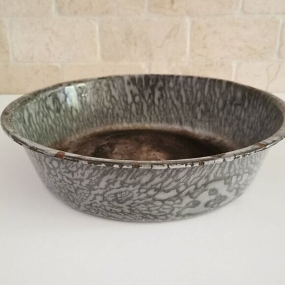 Vintage 10.5" Enamel Dish Pan Deep, Graniteware Gray Spatter Primitive Kitchen - Picture 1 of 7